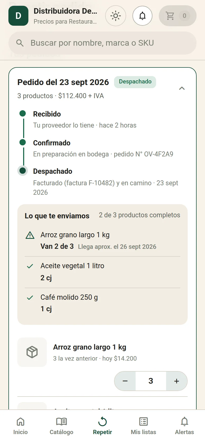Catálogo: el cliente sigue su pedido y ve lo pedido contra lo enviado, con datos de ejemplo.